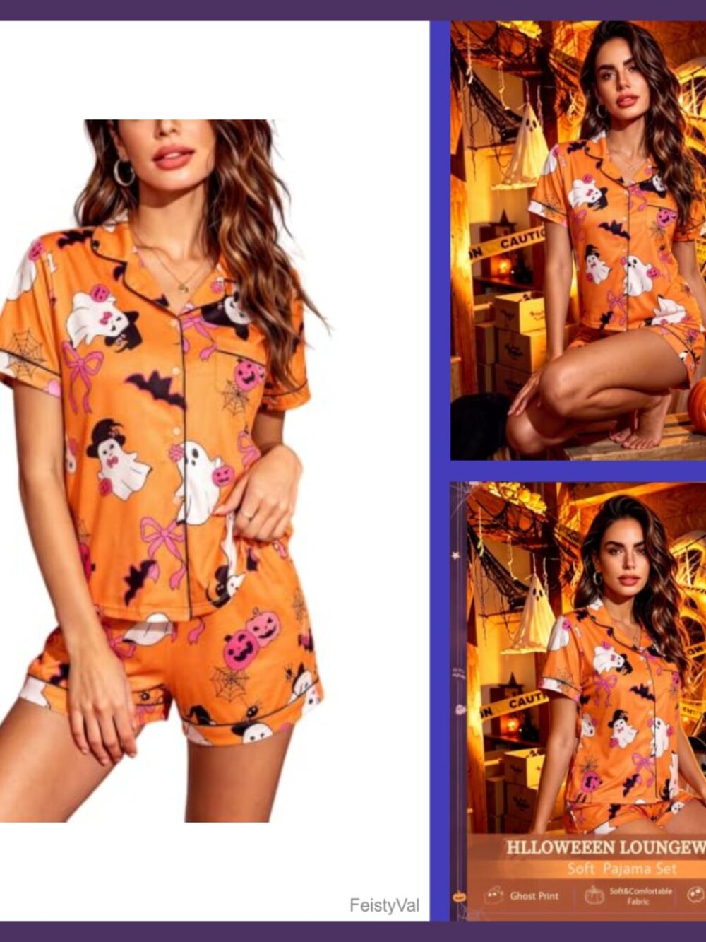 Womens 2 Piece Pajama Set Pumpkin Ghost Print Short Sleeve Button Down